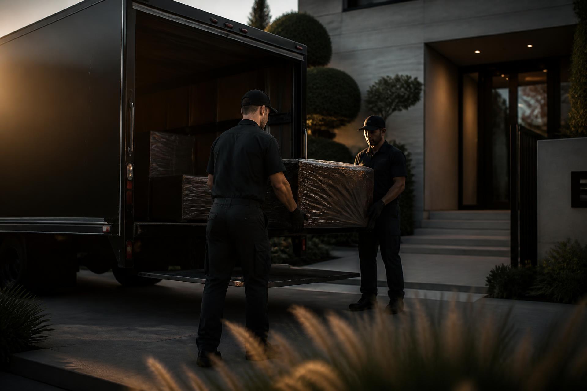 TruMove crew carefully loading wrapped furniture into a moving truck at dusk