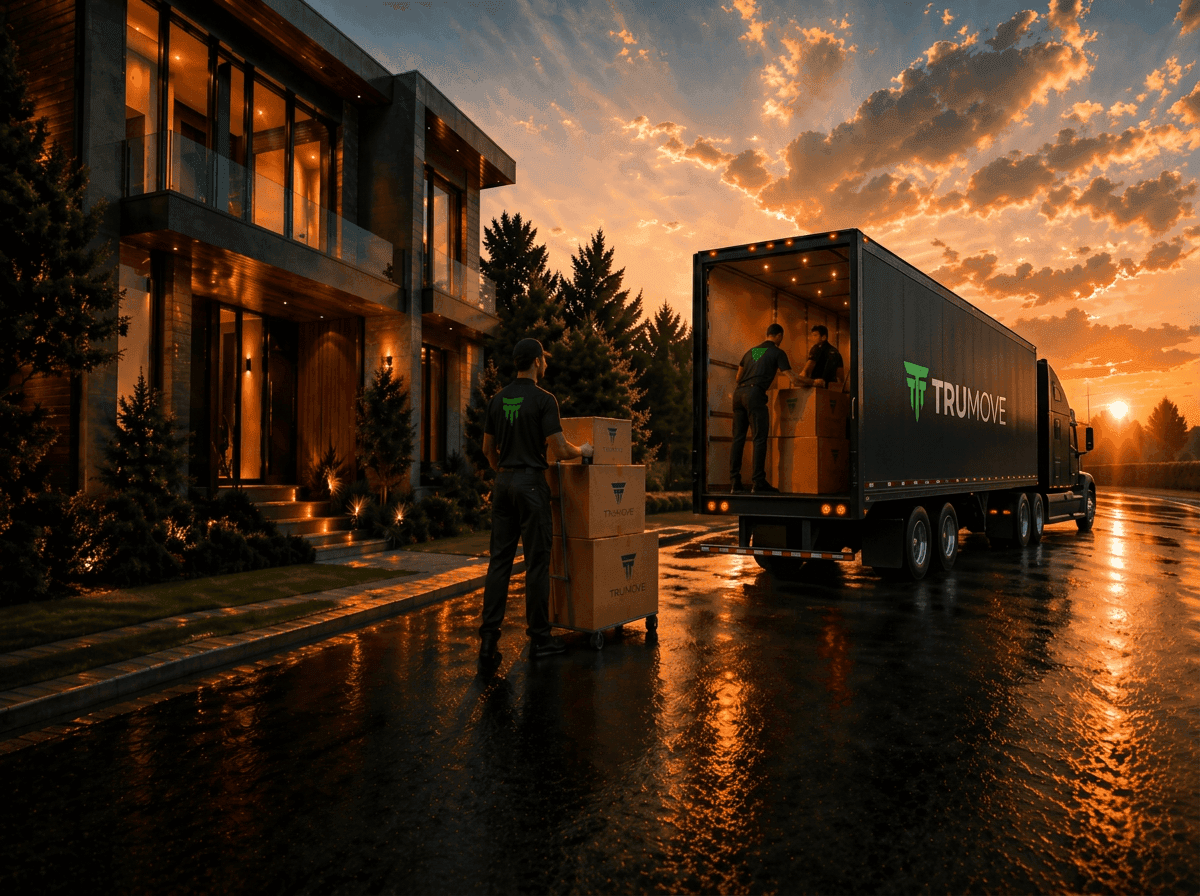 Professional movers from a TruMove-vetted carrier loading boxes into a moving truck at a modern luxury home at sunset