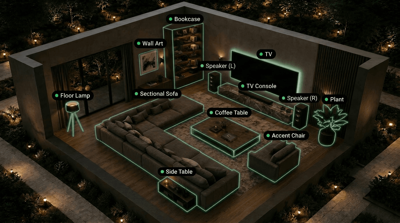 3D living room with AI-detected inventory items outlined in green