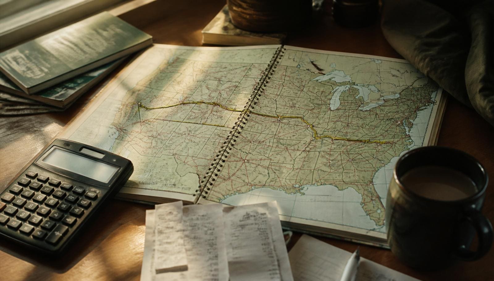 US road atlas with a highlighted interstate route, calculator, and fuel receipts on a desk.