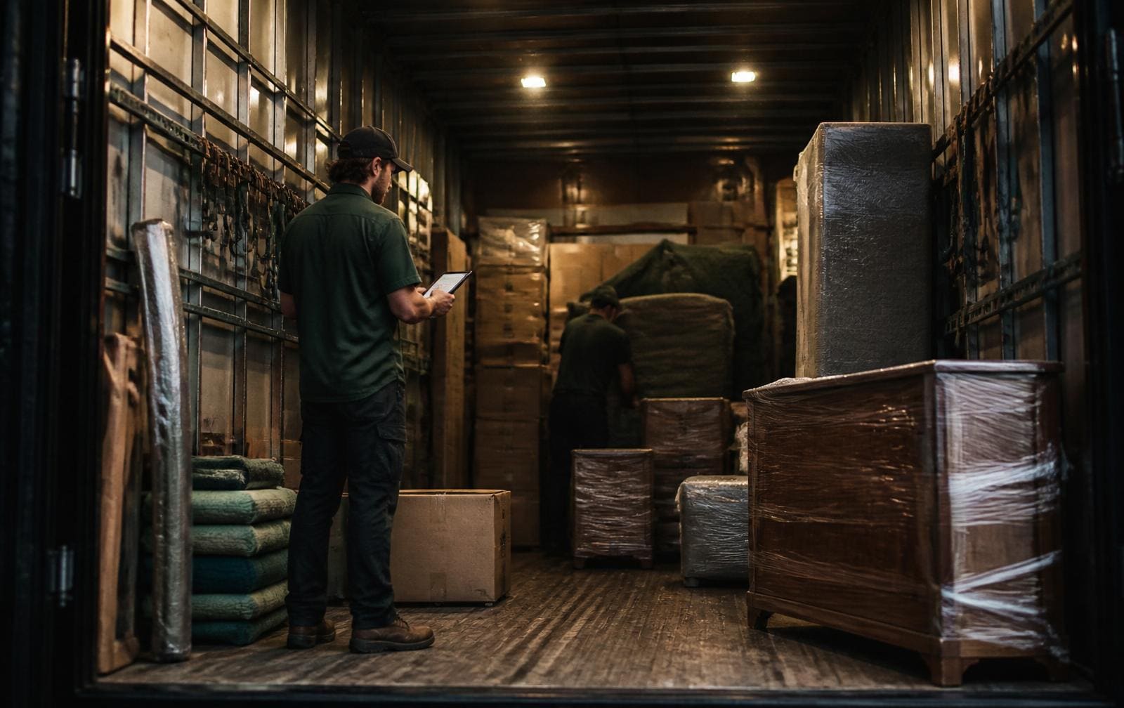 Interior of a moving trailer being loaded with labeled boxes and wrapped furniture, one worker checking a tablet load list.