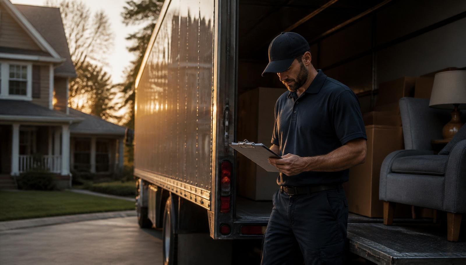 Long distance moving truck at golden hour, driver reviewing manifest outside a suburban home.
