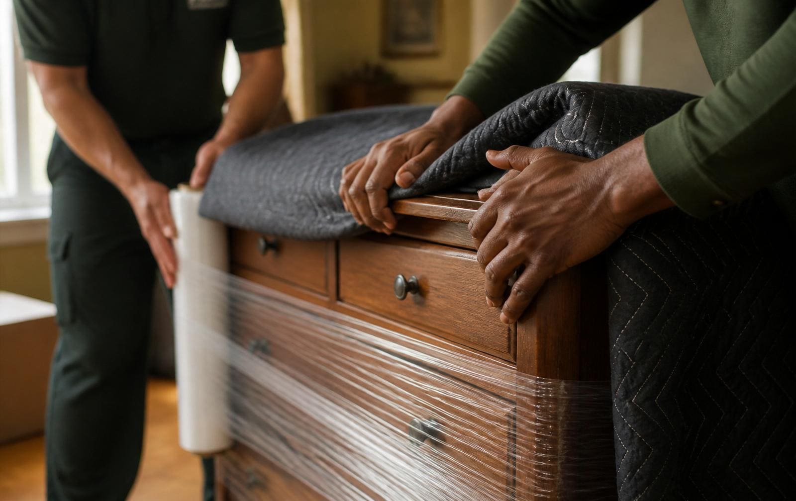 Professional movers wrapping a wooden dresser in moving blankets and stretch wrap.