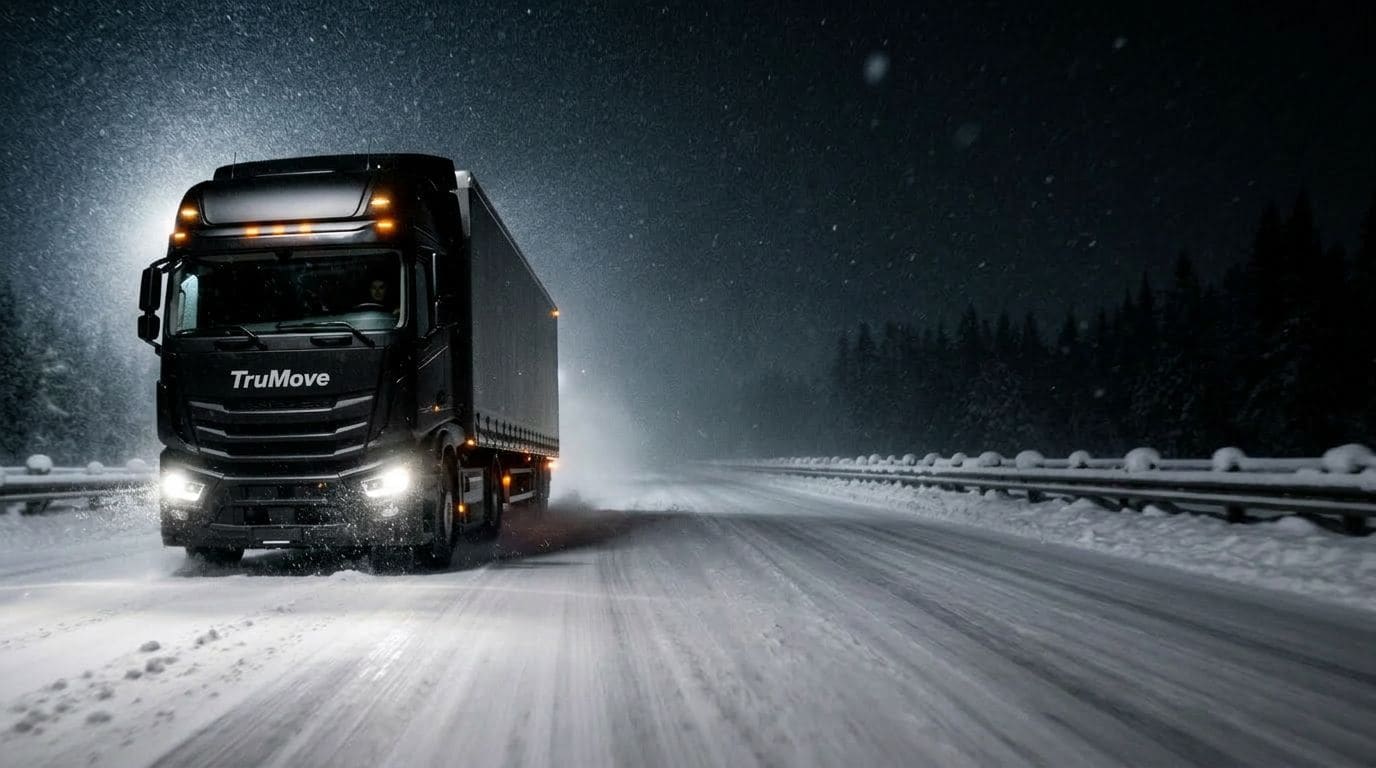 All-black TruMove semi-truck driving steadily through a heavy nighttime snowstorm on a remote highway